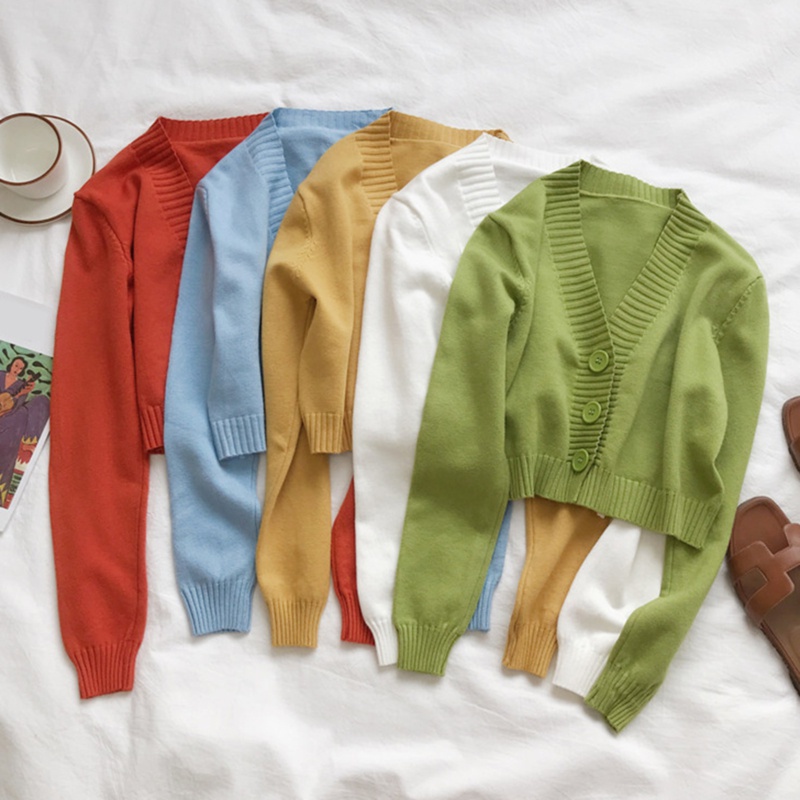 10-color Short High Waist Jacket Women's Autumn and Winter Solid Color Slim Joker Long Sleeve Sweater Cardigan