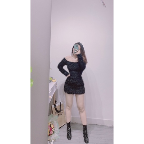 Đầm lông trễ vai tay dài freesize dưới 51kg - hình thật Carotshop | BigBuy360 - bigbuy360.vn