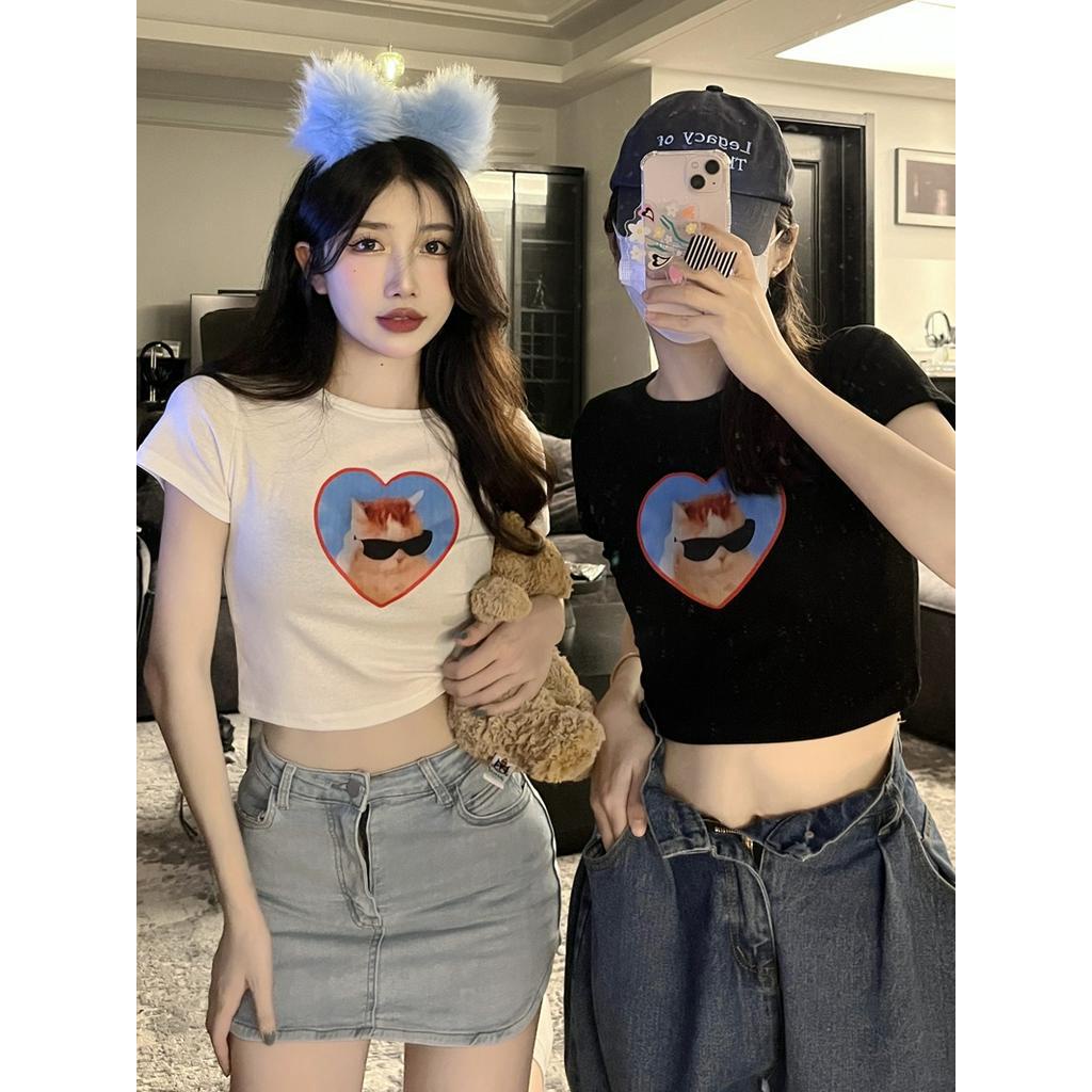 Áo Thun Dáng Dài Ngắn Tay In Hình Mèo Đáng Yêu 63401