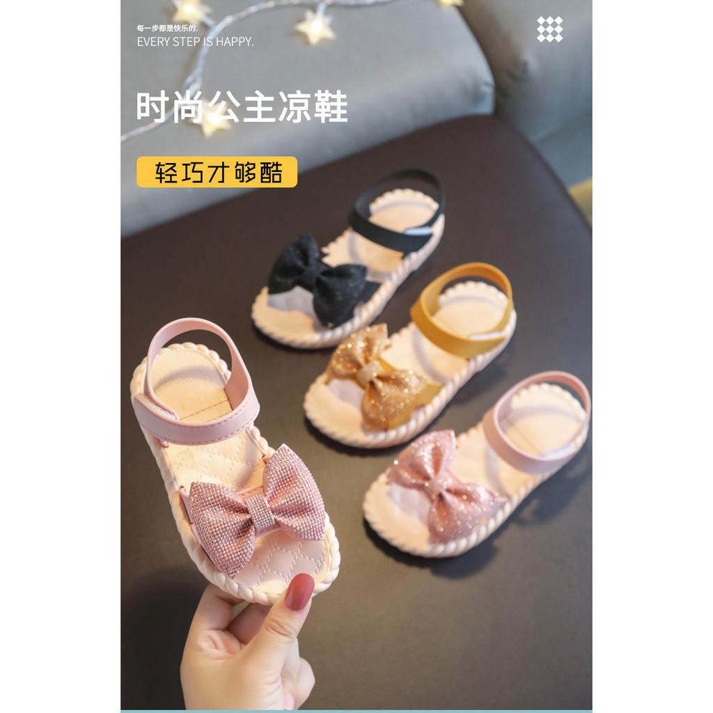 Giày sandal  nơ kim tuyến màu hồng, vàng, xanh đẹp cho bé gái 1-7 tuổi