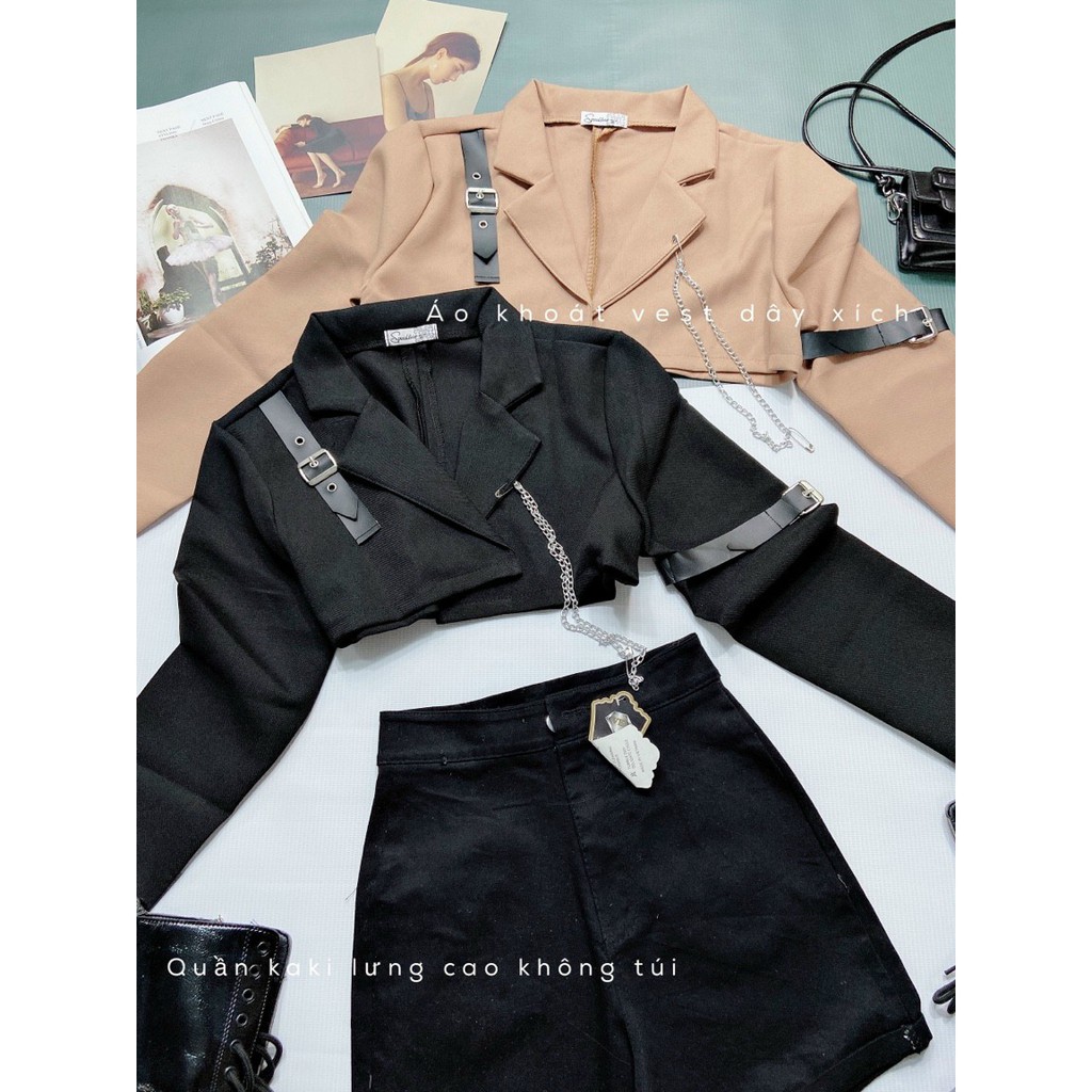🤎Swag Girl Áo khoác vest ngắn JOY BABE kèm phụ kiện dây xích cực chất, áo nhóm nhảy dance đen sexy hở ngực nữ AV 2 -9B