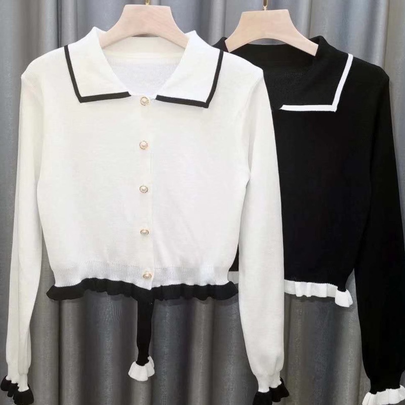 Áo Cardigan Dệt Kim Tay Dài Cổ Búp Bê Đính Ngọc Trai Thời Trang Hàn Quốc Cho Nữ