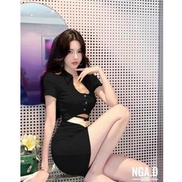 Đầm tay ngắn ôm body cổ bẻ khoét eo viền trắng 2 dây chéo cực hot , chất thun  bozip mềm mịn ly
