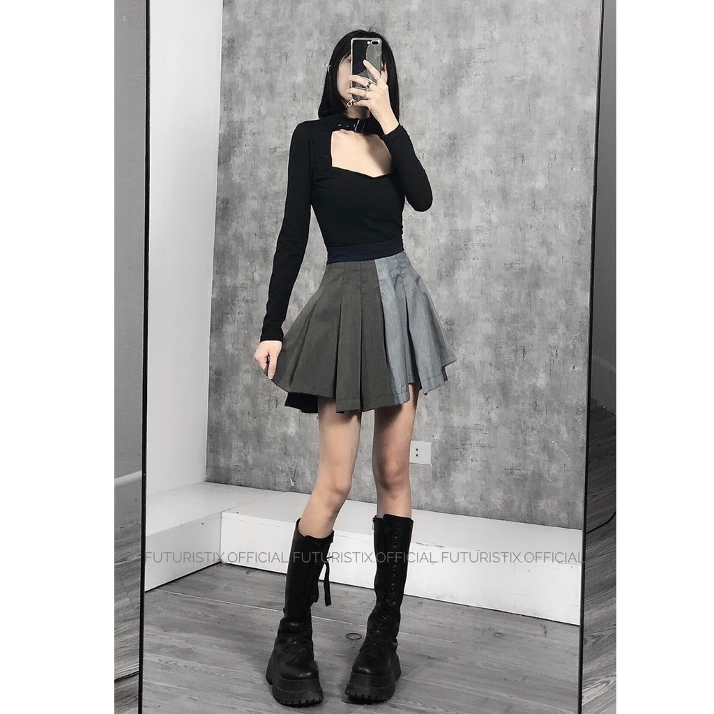 Chân Váy Xếp Ly Nửa Xám CV105 Mix Croptop Khoét Ngực Dài Tay A376 + Boots Cổ Cao Đế Dày G075 | BigBuy360 - bigbuy360.vn