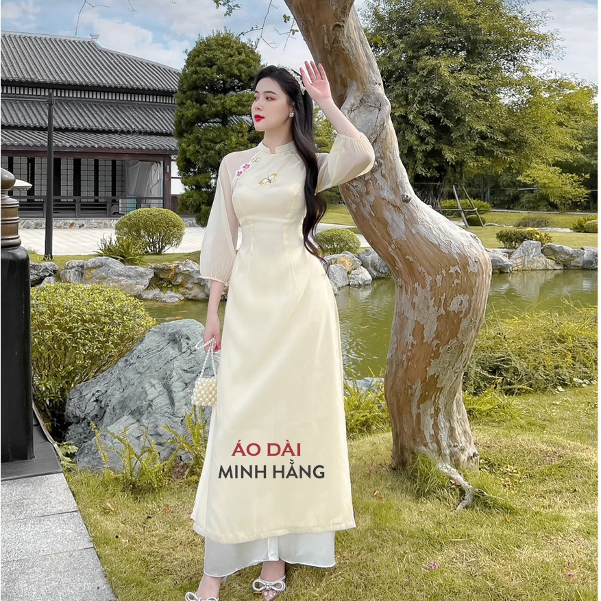 Áo dài nữ cách tân 4 tà thêu lan điệp hai lớp thủ công_ Áo Dài Minh Hằng