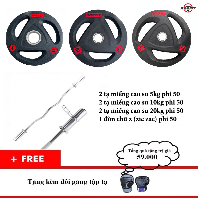 Combo đòn tạ chữ z (zic zac) phi 50 + 70kg tạ miếng cao su phi 50 (2 miếng 5kg, 2 miếng 10kg, 2 miếng 20kg) + găng tay