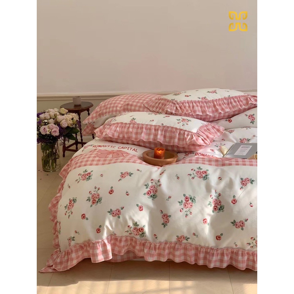Bộ chăn ga gối cotton lụa mềm bèo hoa nhí, chất cotton lụa mềm mại thoáng mát tạo cảm giác dễ chịu cho giấc ngủ