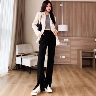 Quần tây suông ống loe xẻ tà ở giữa, quần ống vảy xẻ gấu trước, cao cấp màu đen cho nữ phong cách Hàn Quốc