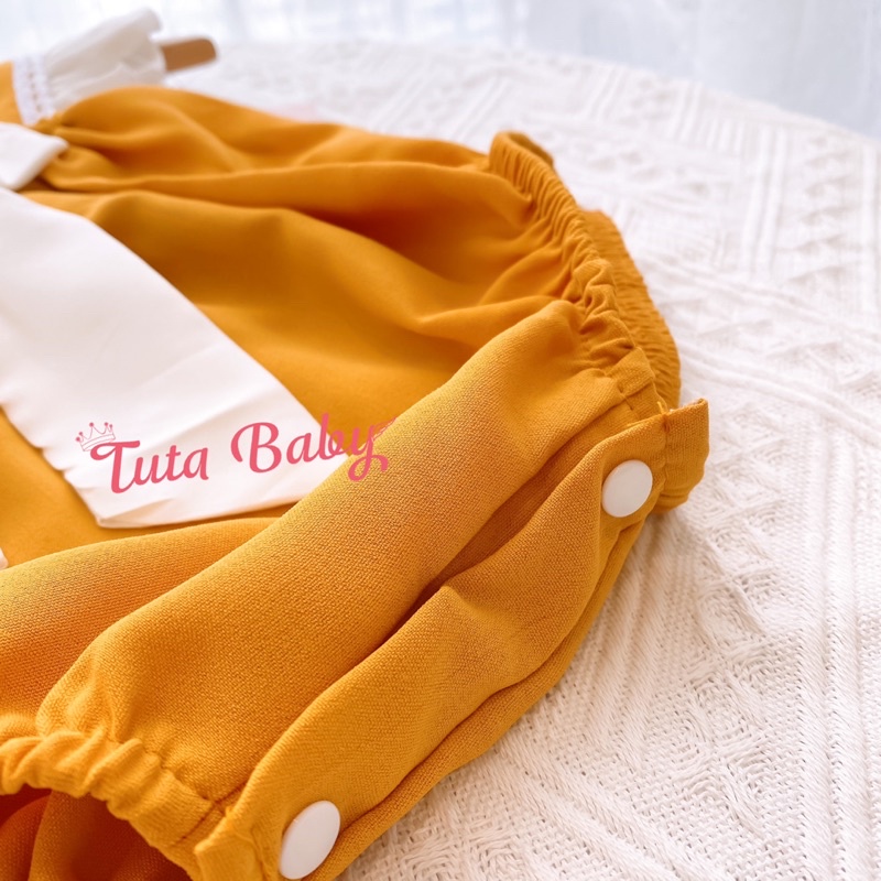 Bodysuit Cho Bé Gái Vàng 2 Dây Kẹp Ren Phối Nơ Ngực Xinh Xắn, Body Bé Gái Kèm Turban + Bao Chân Dễ Thương