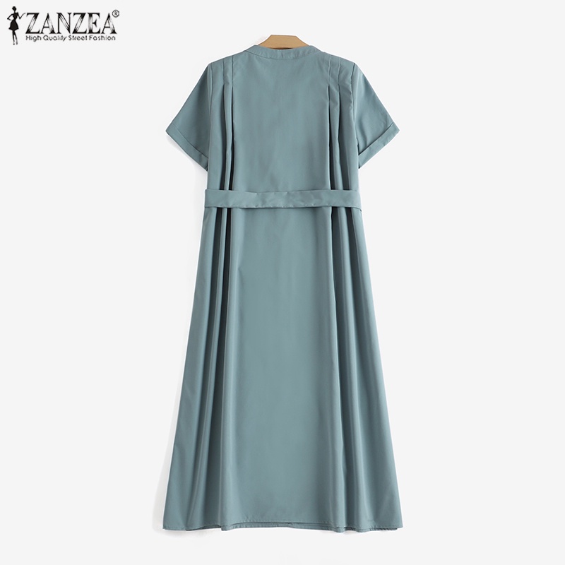 Đầm dài ZANZEA cổ tròn tay ngắn màu trơn phối túi thời trang tùy chọn màu sắc cho nữ