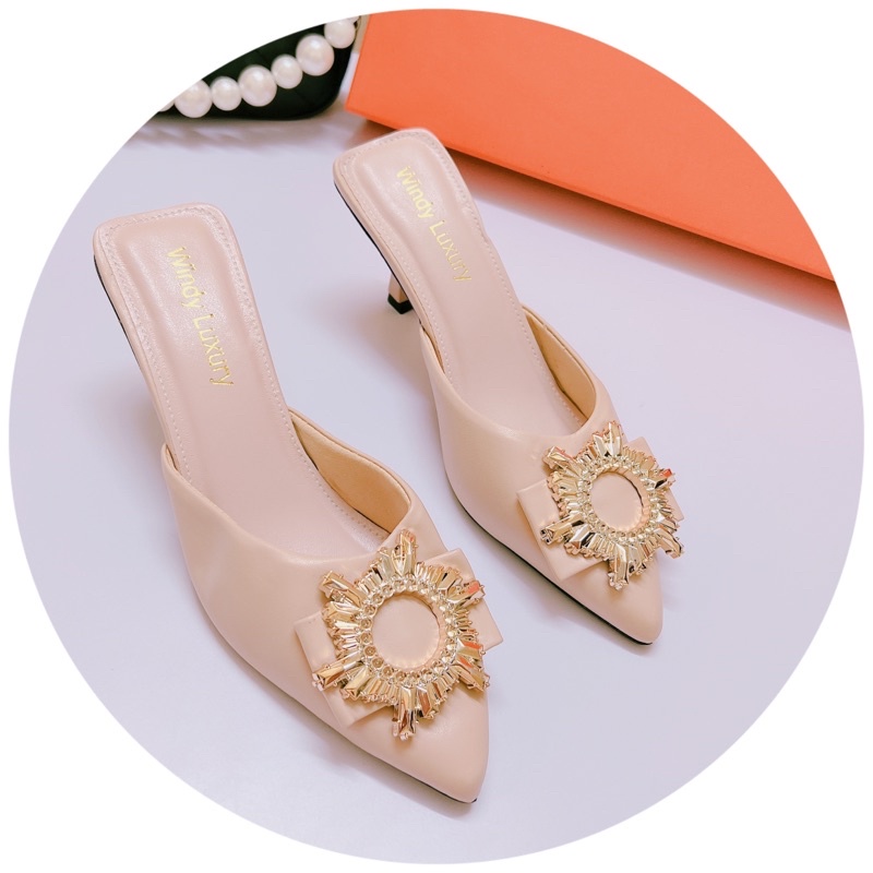 Giày sục cao gót 7p mũi nhọn da lì tag Tròn vàng xinh xỉu