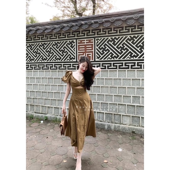 Váy Thô Xoắn Eo Tay Phồng Dáng Dài Siêu Xinh, Váy Maxi Dáng Xoè