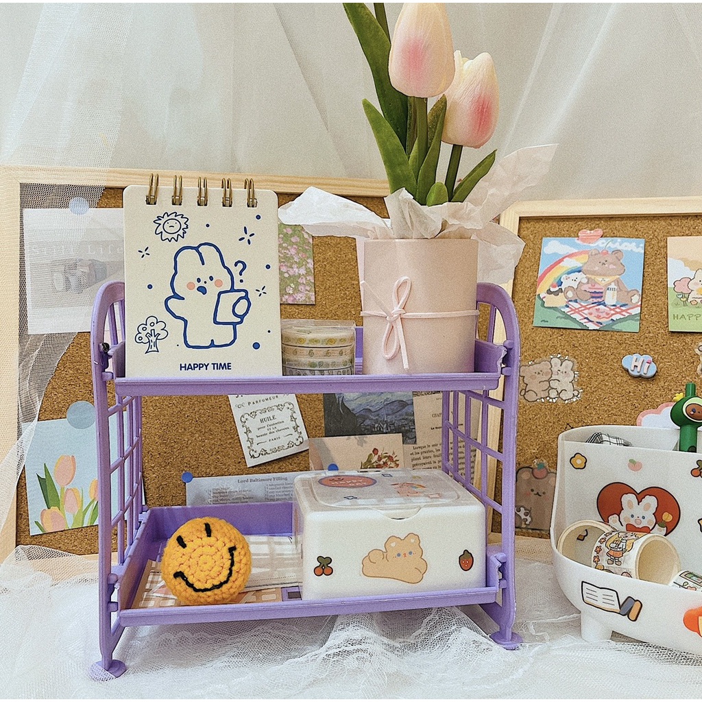 Kệ nhựa mini, giá sách 2 tầng để đồ dùng học tập trang trí bàn học dành cho cô gái dễ thương