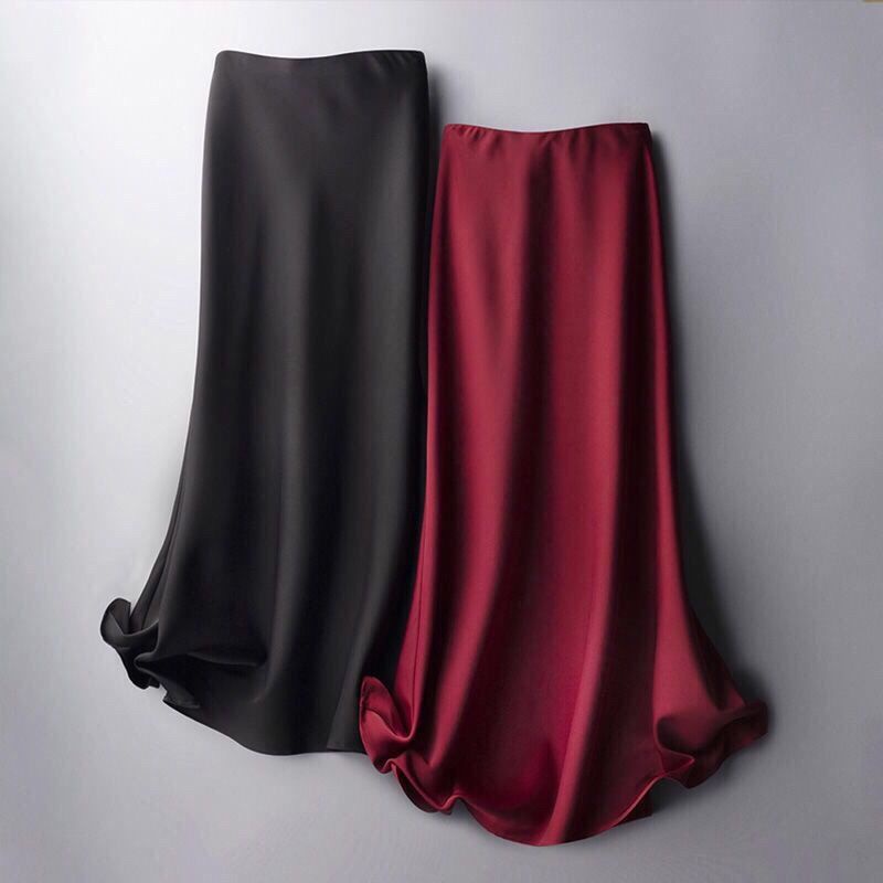 Chân Váy Chữ a Dài Lưng Cao Màu Trơn Bằng Lụa Satin Phong Cách Hàn Quốc Thời Trang Cho Nữ