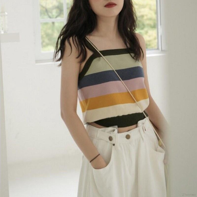 [Mã FASHIONT4WA2 giảm 10K đơn 50K] Áo sát nách dệt kim hoạ tiết kẻ sọc cho phái nữ | BigBuy360 - bigbuy360.vn