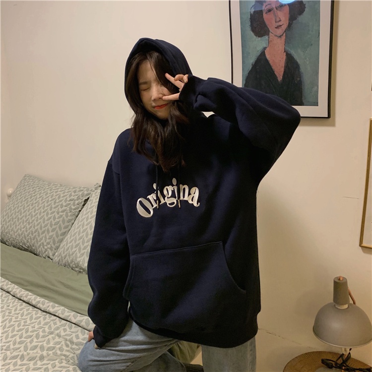 Áo hoodie tay dài dáng rộng in chữ phong cách Hàn Quốc mới dành cho nữ 2021