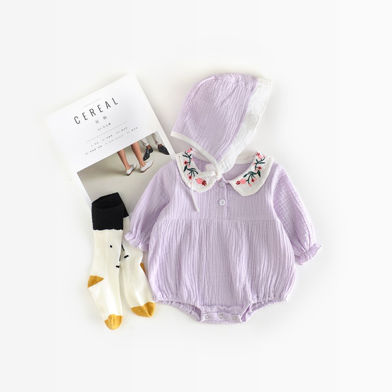 Baby Cute Embroidery Girl Bodysuit cotton jumpsuit+Hats Long Sleeve Clothing Sets
