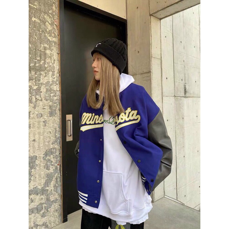 Áo khoác bomber varsity jacket kaki phối da siêu phẩm