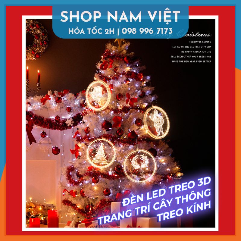 Dây Treo Đèn LED 3D Hình Cây Thông, Chuông Trang Trí Giáng Sinh, Noel