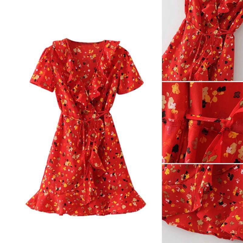 Đầm tay ngắn cổ chữ V hoạ tiết phong cách Bohemian