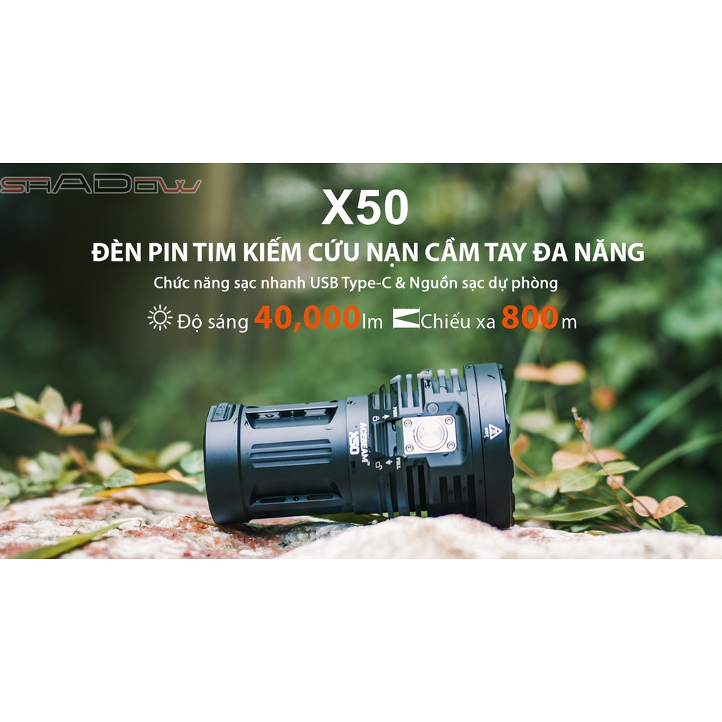 Đèn pin siêu sáng ACEBEAM X50 độ sáng 40000 lm xa 800m pin tích hợp, cổng sạc và xả USB-C Đèn &amp; Đèn pin