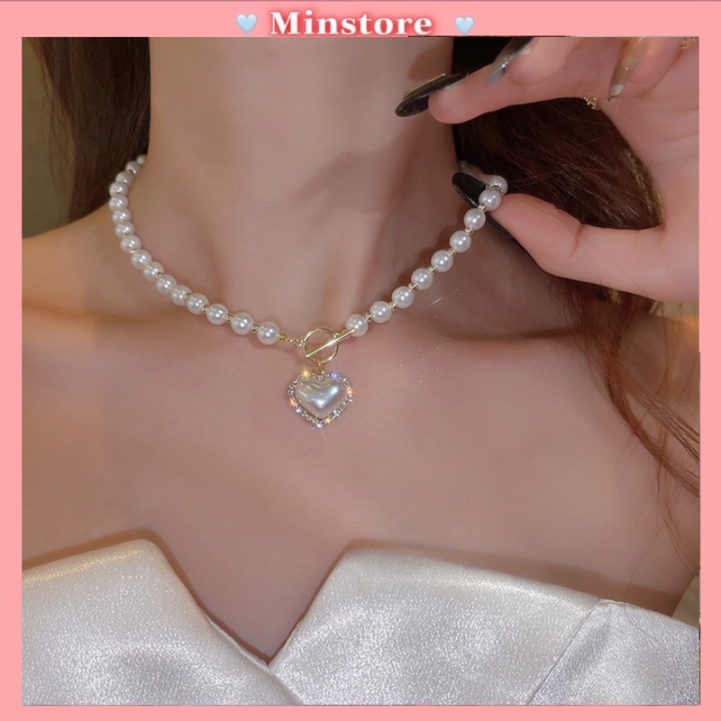 Vòng Cổ Choker Đính Hạt Ngọc Mặt Hình Trái Tim Thời Trang Sang Chảnh