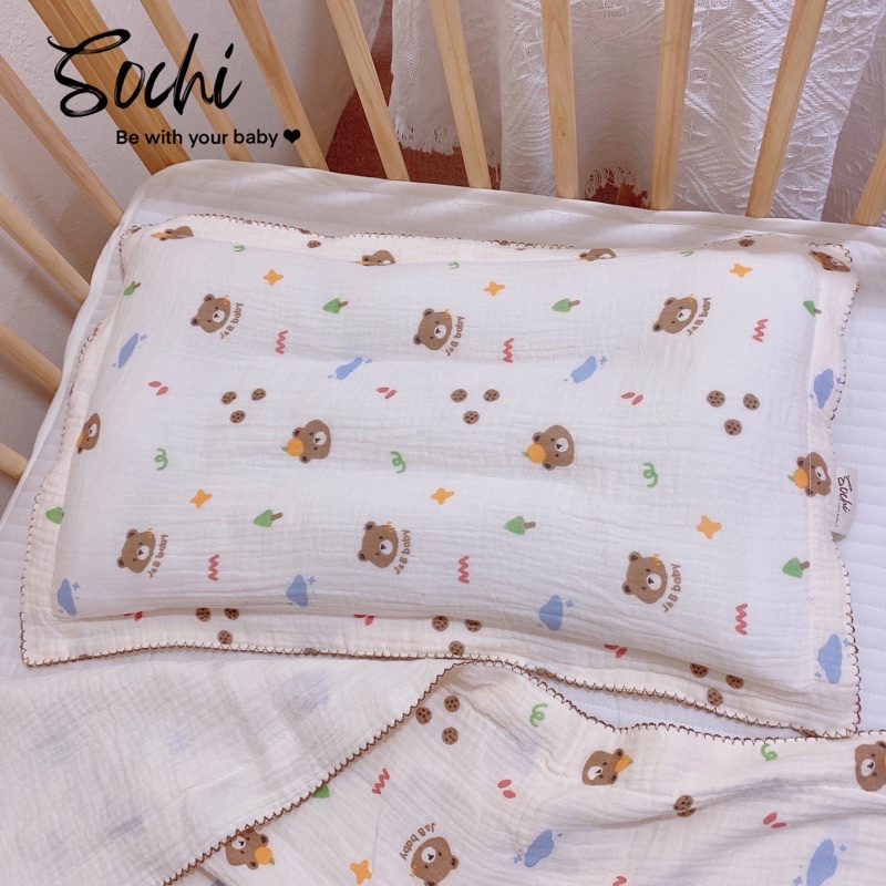 Gối đầu có rãnh thoáng vải xô muslin cao cấp cho bé