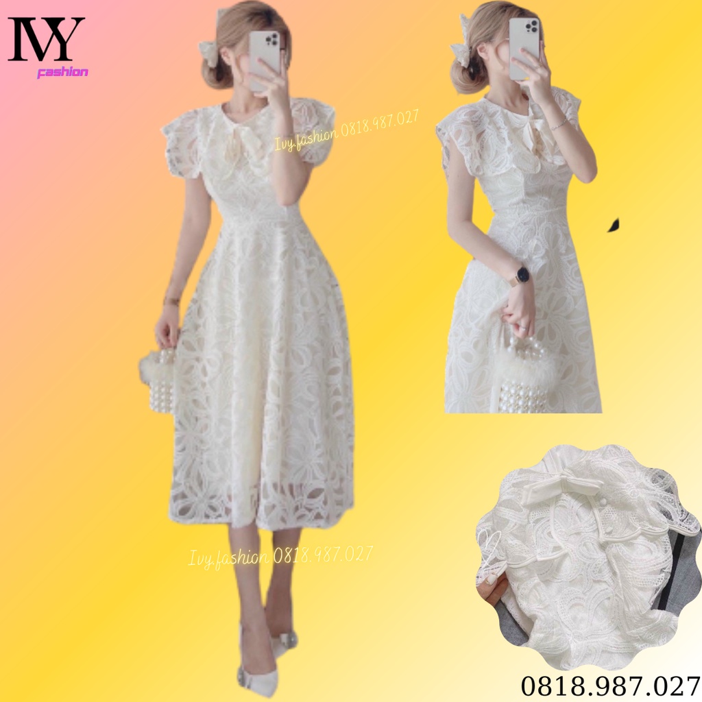 Đầm nữ midi ren hoa bèo ren nổi đính hạt tay ngắn cổ V tơ kim sa tay dài cổ vuông tay phồng dự tiệc đi biển bigsize
