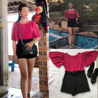 Jumpsuit đùi phối màu cột nơ eo hàng thiết kế