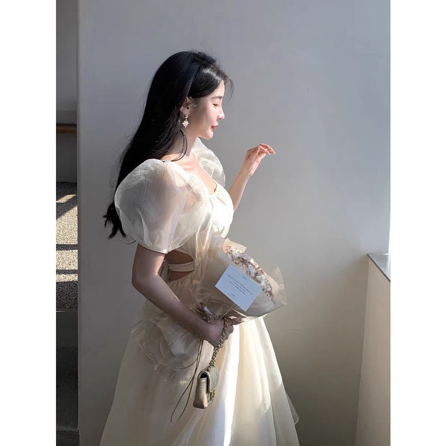 ĐẦM MIDI VOAN KEM CUT OUT NƠ CỘT NƠ LƯNG