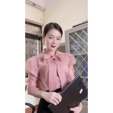 BÁN SỈ ÁO SƠ MI TƠ HỒNG BUỘC NƠ CHO NỮ