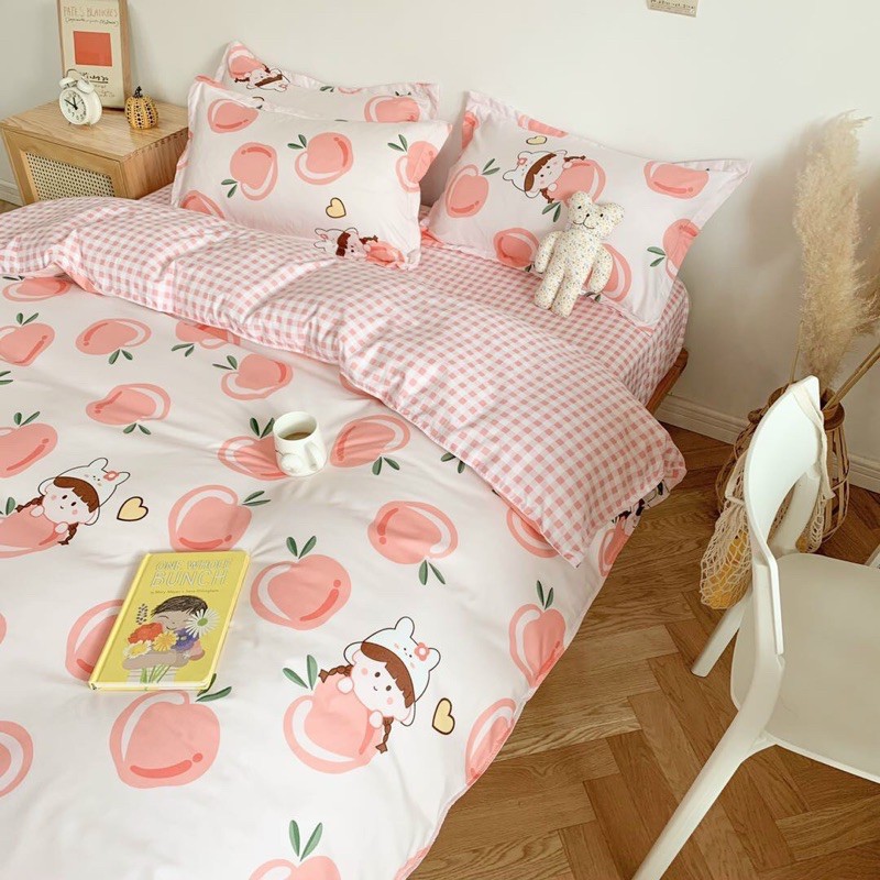 Set Chăn Ga Đào Hồng Cam Ga Kẻ Caro Cotton Poly Bé Gái Siêu Xinh (Shinbedding.shop)