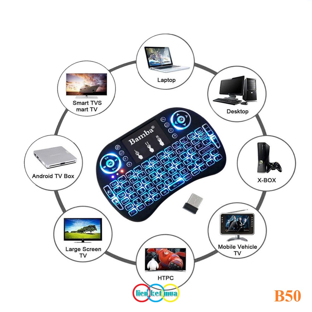 Bàn Phím Không Dây Mini Bamba B50 Có Đèn Led Dùng Cho Android TV Box, Smart TV, Laptop