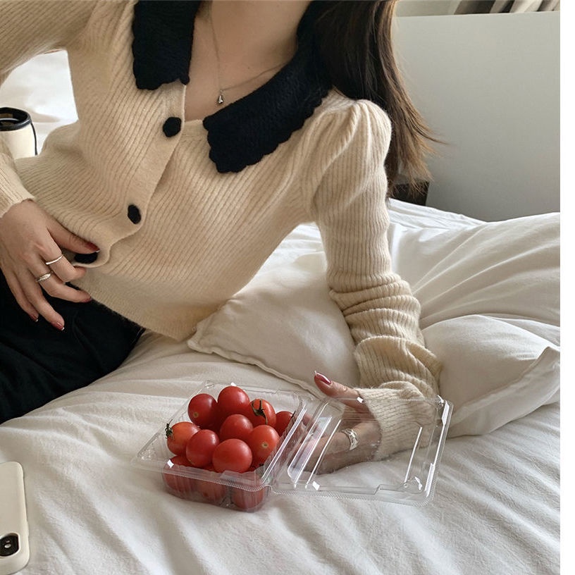 Áo Khoác Cardigan Dệt Kim Cổ Búp Bê Màu Xanh Dương Phong Cách Retro Thời Trang Thu Đông Cho Nữ