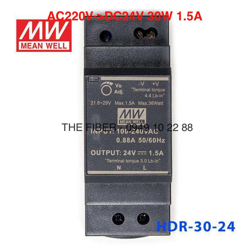 Bộ đổi nguồn điện HDR-30-24 AC220V - DC24V 30W 1.5A gắn thanh RAY - DIN Rail - Hãng Meanwell