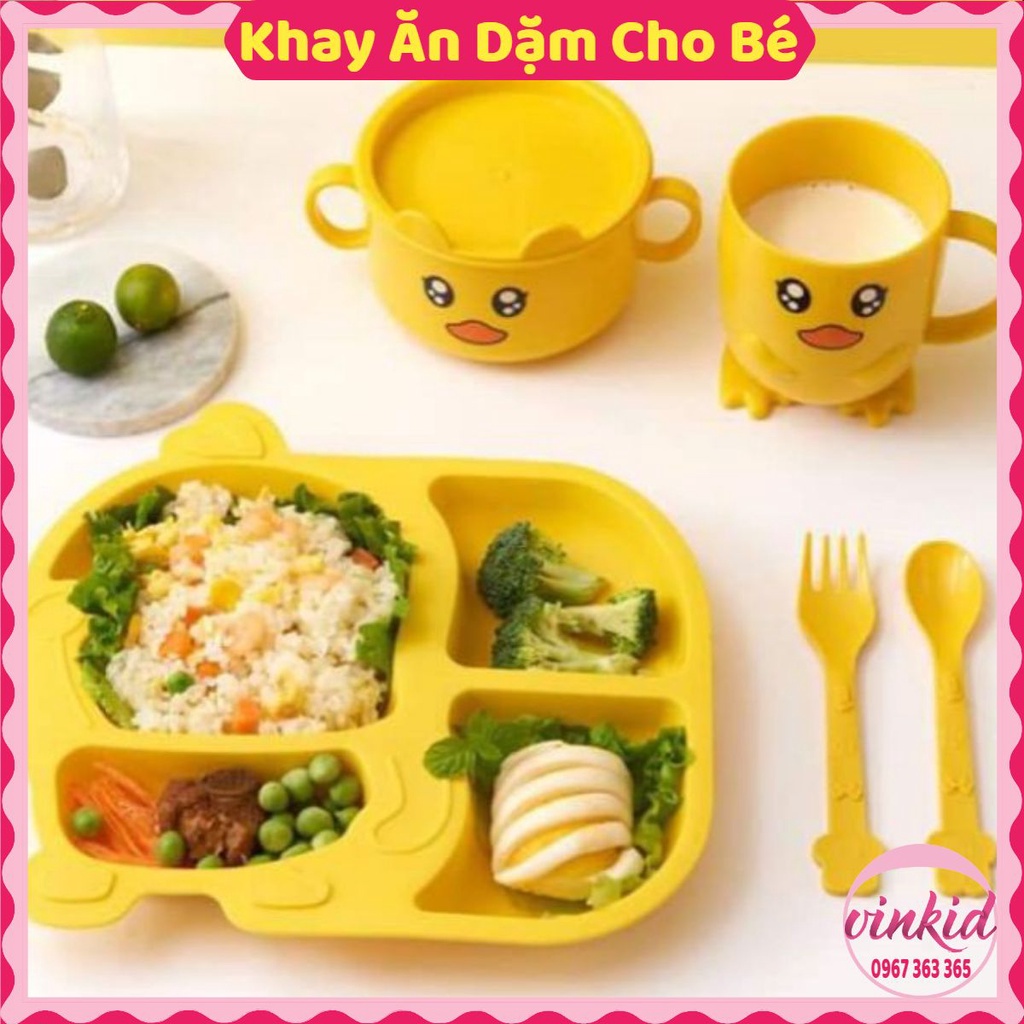 Khay ăn dặm cho bé cao cấp hình vịt vàng siêu đáng yêu kèm thìa dĩa an toàn vệ sinh VINKID