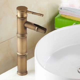 Vòi lavabo nóng lạnh đồng thau cổ hình ống tre