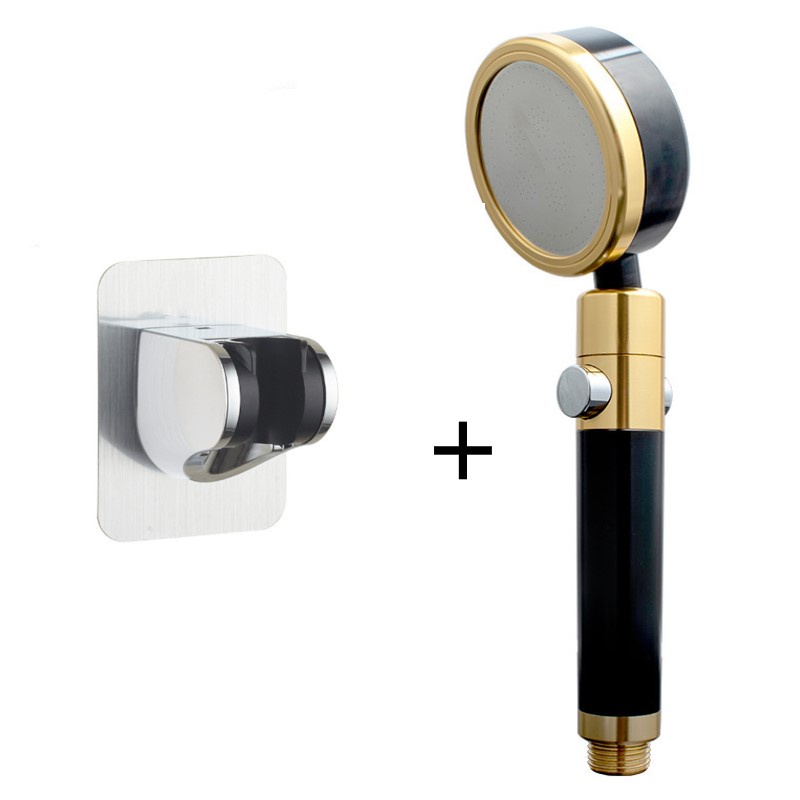 Bộ tay sen, vòi sen tăng áp siêu mạnh hợp kim nhôm đen vàng có nút bật tắt nước trên thân, xoay 360 độ - QM054