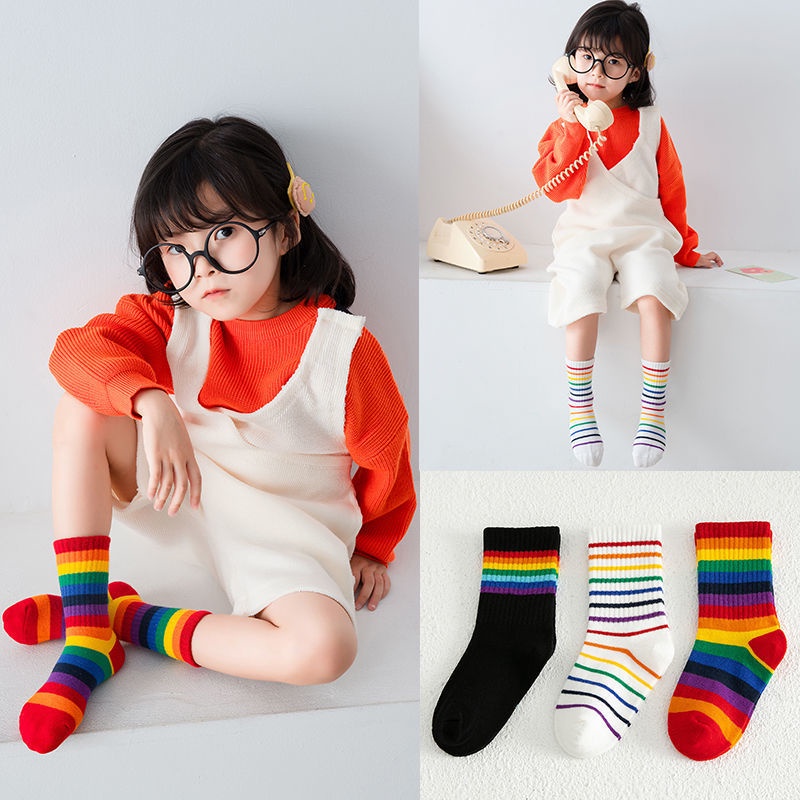 Tất Hàn Quốc dành cho trẻ em Vớ bông cầu vồng kẻ sọc cho bé
