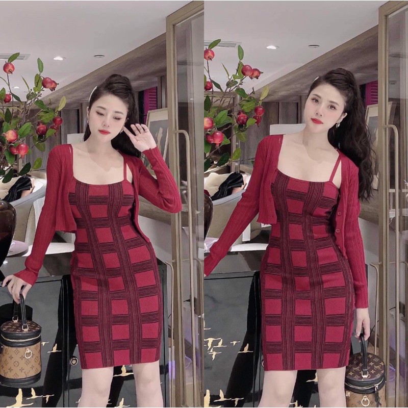 [MUA 1 ĐƯỢC 2] Set Trang Phục Nữ Cadigan Len Phối Váy Dây Kẻ Body_Phong Cách Hàn Quốc | BigBuy360 - bigbuy360.vn