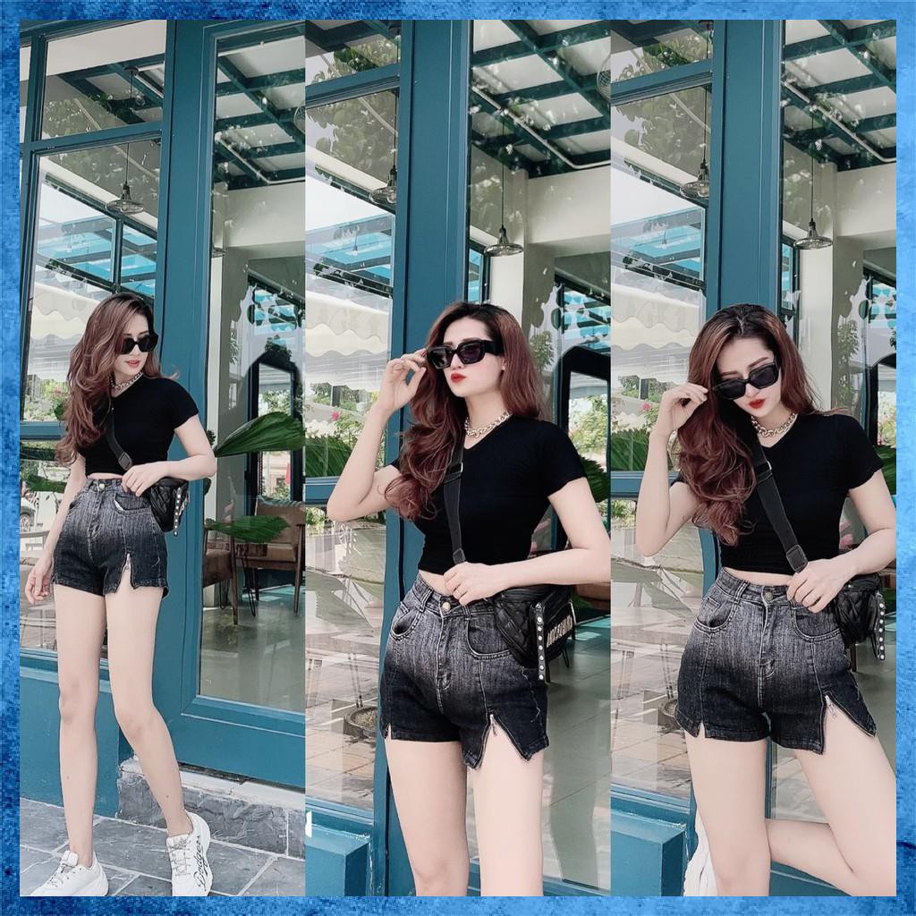 [Jeans nữ thiết kế] Quần sooc bò trơn, quần shorts jeans lưng cao túi chéo khóa gấu lệch. Mã S0105