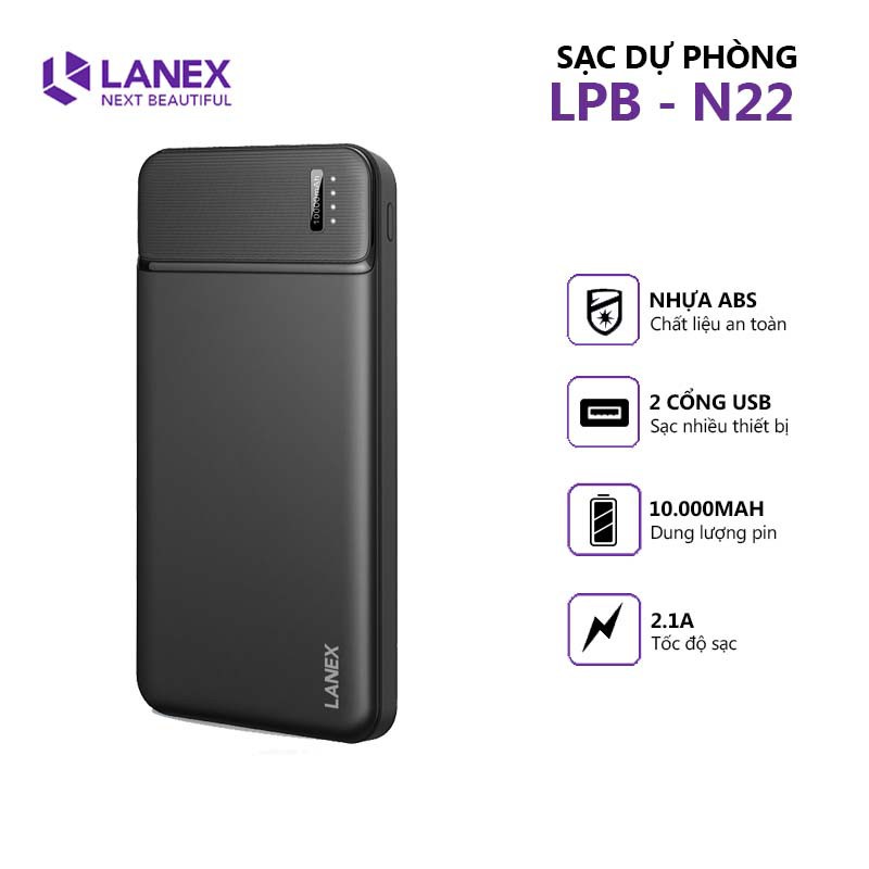 Pin dự phòng Lanex LPB - N25 10000mah, cổng USB 2.1A, màn hình led.