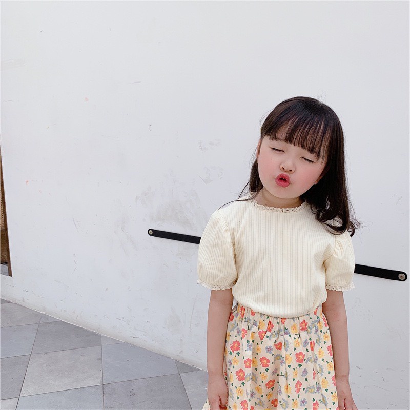 Áo thun tăm viền ren trẻ em bé gái cotton kiểu Hàn dễ thương 10-30kg ko