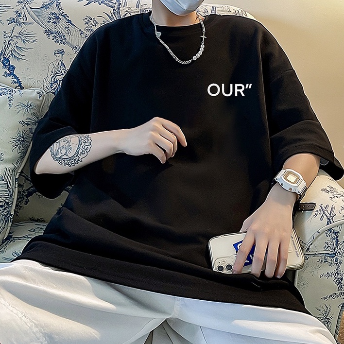 Áo thun IFNICEFUTURE dáng rộng tay ngắn in chữ phong cách Hong Kong cho nam