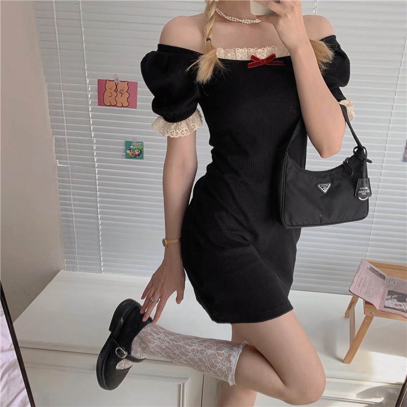 Đầm / Váy / Áo Sơ Mi Đan Cổ Vuông Tay Ngắn Phối Ren Hàn Quốc | BigBuy360 - bigbuy360.vn