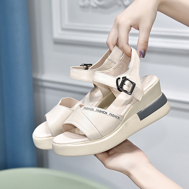 Giày Sandal Đế Xuồng Dày Dặn Bằng Da Thật Thời Trang Mùa Hè 2022