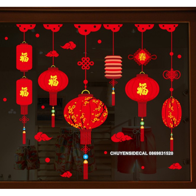 Decal trang trí Tết - Lồng đèn hoa sắc đỏ