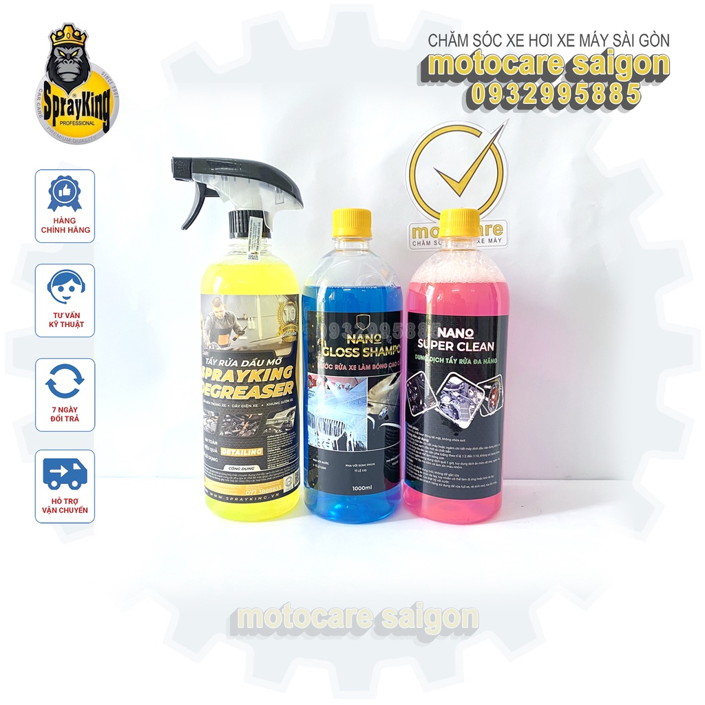 COMBO 3 chai chăm sóc xe Tẩy Dầu mỡ Sprayking Degreser, Tẩy Nhớt NANO, Rửa xe Siêu Bóng NANO Chai 1L