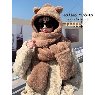 Mũ lông cừu tai gấu kèm khăn quàng cổ bao tay 3in1 ấm áp dễ thương
