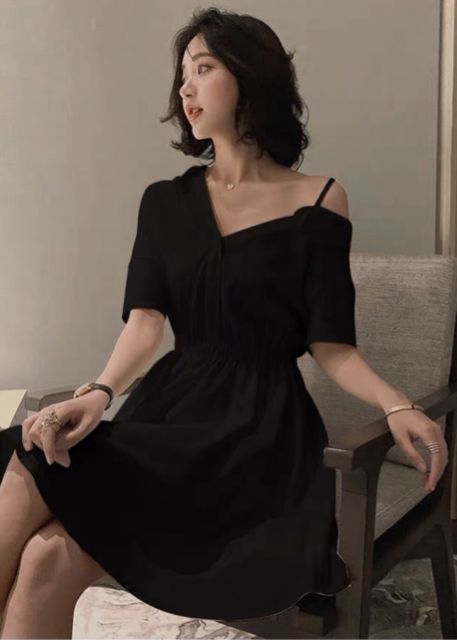 Đầm Nữ Sơ Mi Lệch Vai Chít Eo
